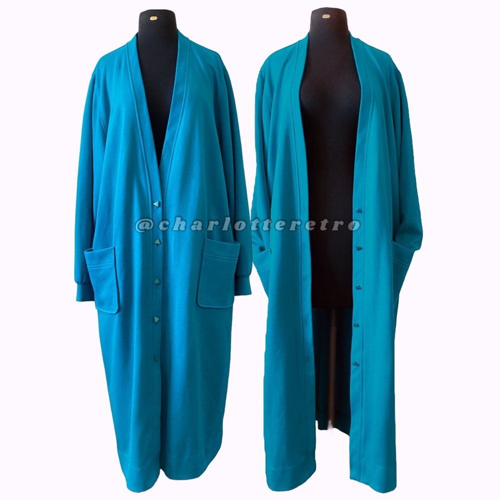 vtg Turquoise Long Cardigan Duster w Pockets